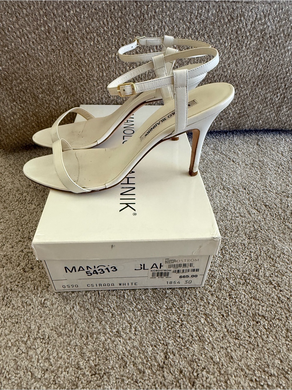 Manolo Blahnik White Leather Open-Toe Ankle-Strap Heels - Picture 3 of 5